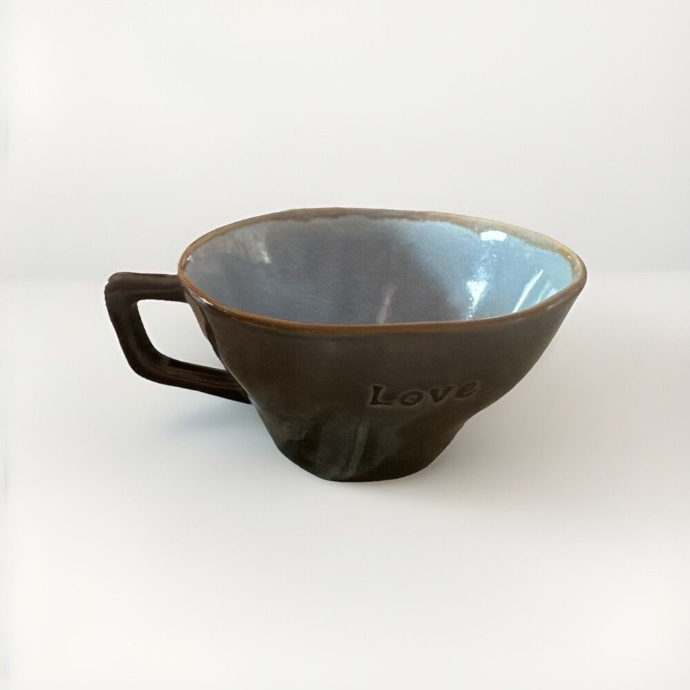 Good Home By:Life Is Good Brownish Green Mug W Blue Inside W LOVE Written On It